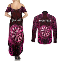 Personalised New Zealand Darts Couples Matching Summer Maxi Dress and Long Sleeve Button Shirt Pink Dart Board Maori Pattern LT05 - Polynesian Pride