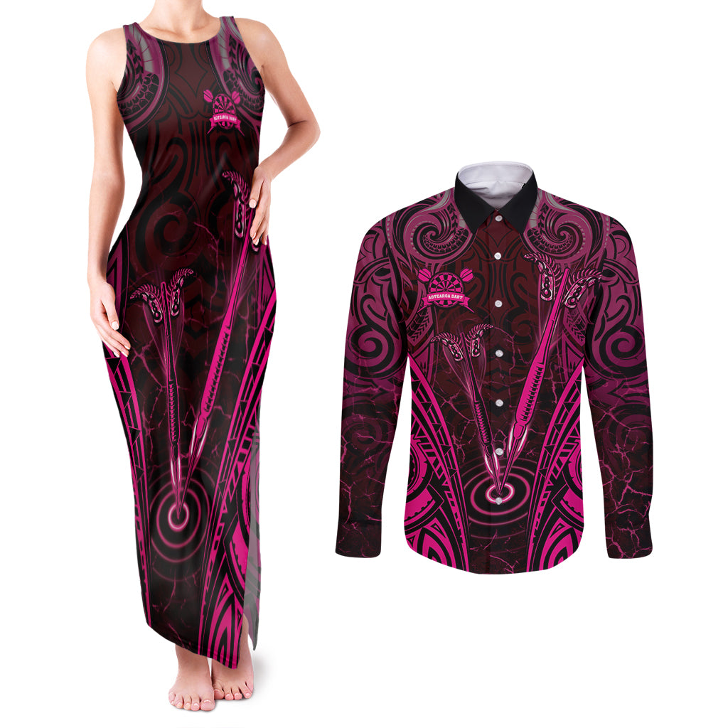Personalised New Zealand Darts Couples Matching Tank Maxi Dress and Long Sleeve Button Shirt Pink Dart Board Maori Pattern LT05 Pink - Polynesian Pride