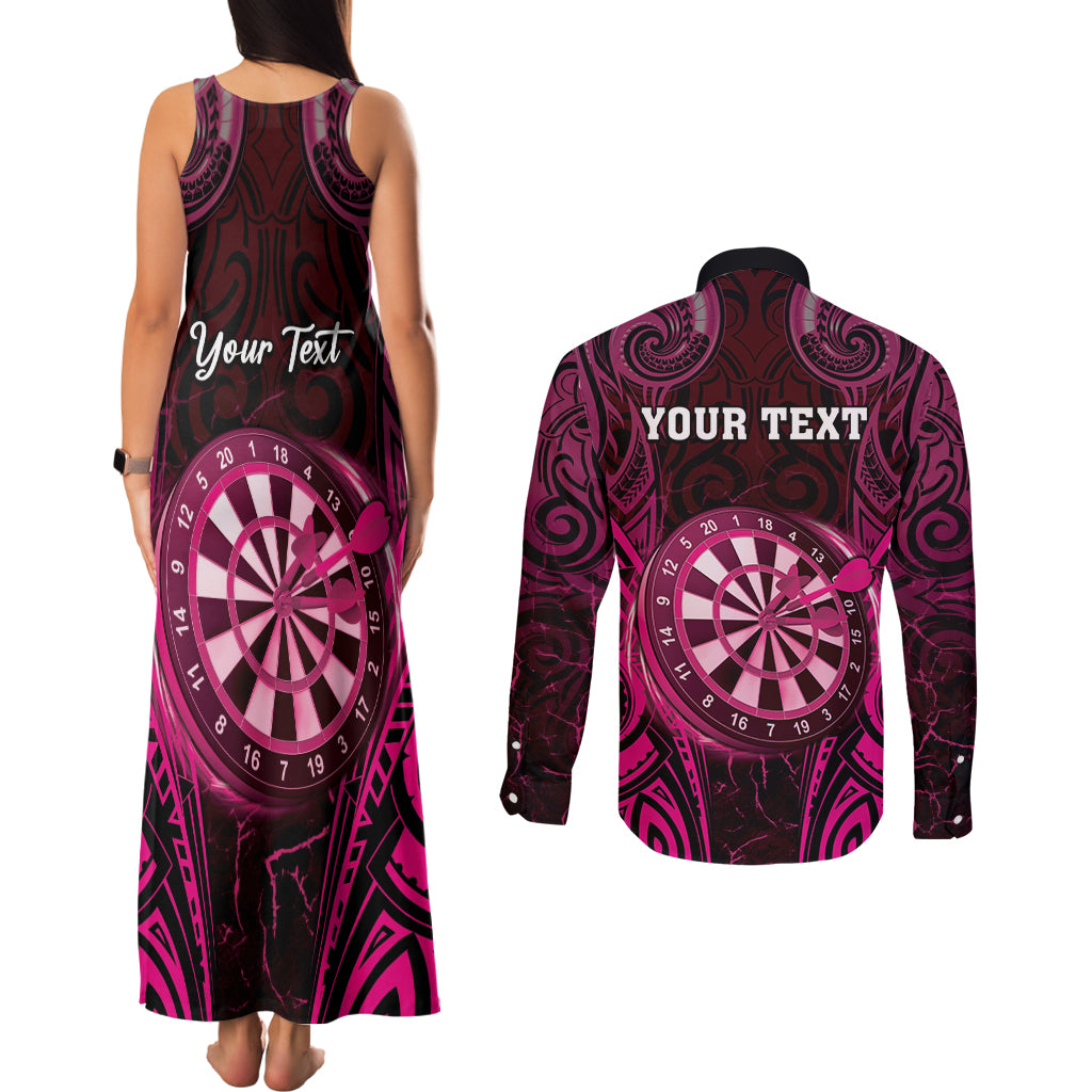 Personalised New Zealand Darts Couples Matching Tank Maxi Dress and Long Sleeve Button Shirt Pink Dart Board Maori Pattern LT05 - Polynesian Pride