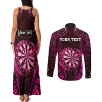 Personalised New Zealand Darts Couples Matching Tank Maxi Dress and Long Sleeve Button Shirt Pink Dart Board Maori Pattern LT05 - Polynesian Pride