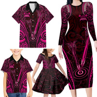 Personalised New Zealand Darts Family Matching Long Sleeve Bodycon Dress and Hawaiian Shirt Pink Dart Board Maori Pattern LT05 - Polynesian Pride