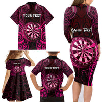Personalised New Zealand Darts Family Matching Long Sleeve Bodycon Dress and Hawaiian Shirt Pink Dart Board Maori Pattern LT05 - Polynesian Pride