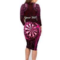 Personalised New Zealand Darts Family Matching Long Sleeve Bodycon Dress and Hawaiian Shirt Pink Dart Board Maori Pattern LT05 - Polynesian Pride