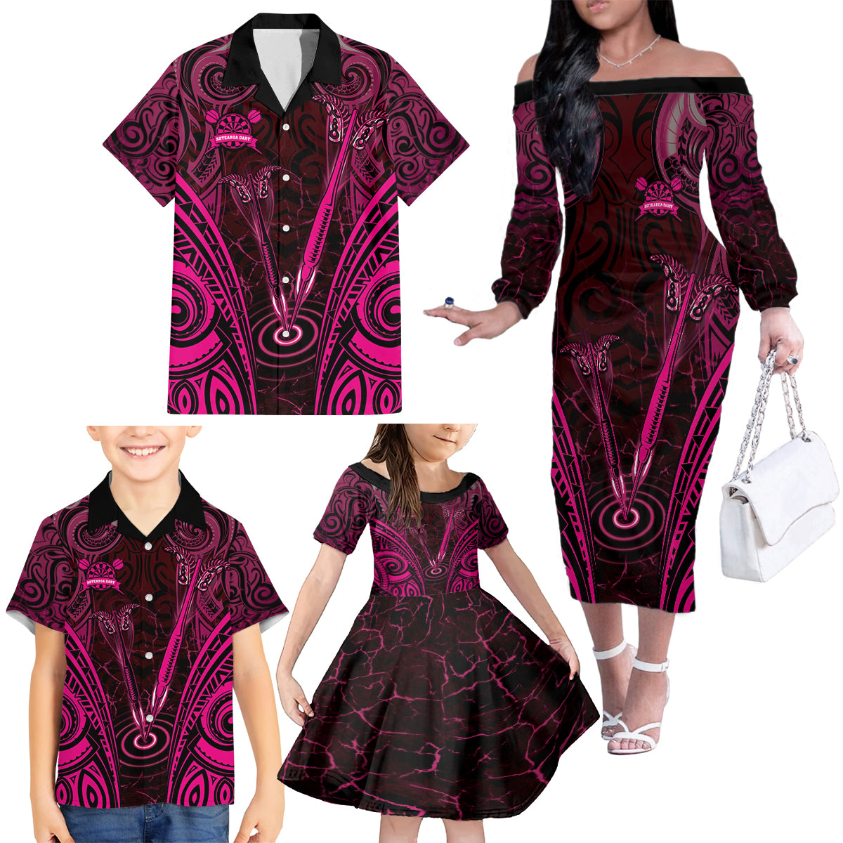 Personalised New Zealand Darts Family Matching Off The Shoulder Long Sleeve Dress and Hawaiian Shirt Pink Dart Board Maori Pattern LT05 - Polynesian Pride