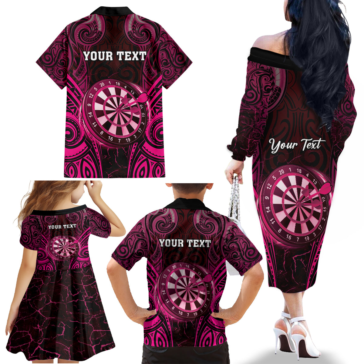 Personalised New Zealand Darts Family Matching Off The Shoulder Long Sleeve Dress and Hawaiian Shirt Pink Dart Board Maori Pattern LT05 - Polynesian Pride