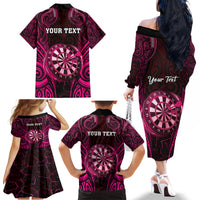 Personalised New Zealand Darts Family Matching Off The Shoulder Long Sleeve Dress and Hawaiian Shirt Pink Dart Board Maori Pattern LT05 - Polynesian Pride