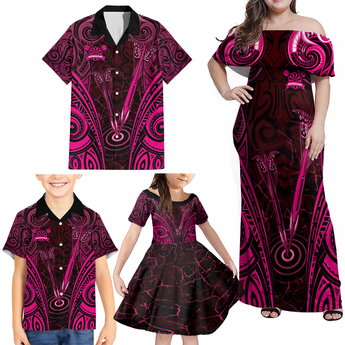 Personalised New Zealand Darts Family Matching Off Shoulder Maxi Dress and Hawaiian Shirt Pink Dart Board Maori Pattern LT05 - Polynesian Pride