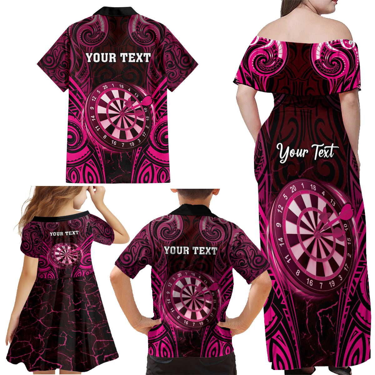 Personalised New Zealand Darts Family Matching Off Shoulder Maxi Dress and Hawaiian Shirt Pink Dart Board Maori Pattern LT05 - Polynesian Pride