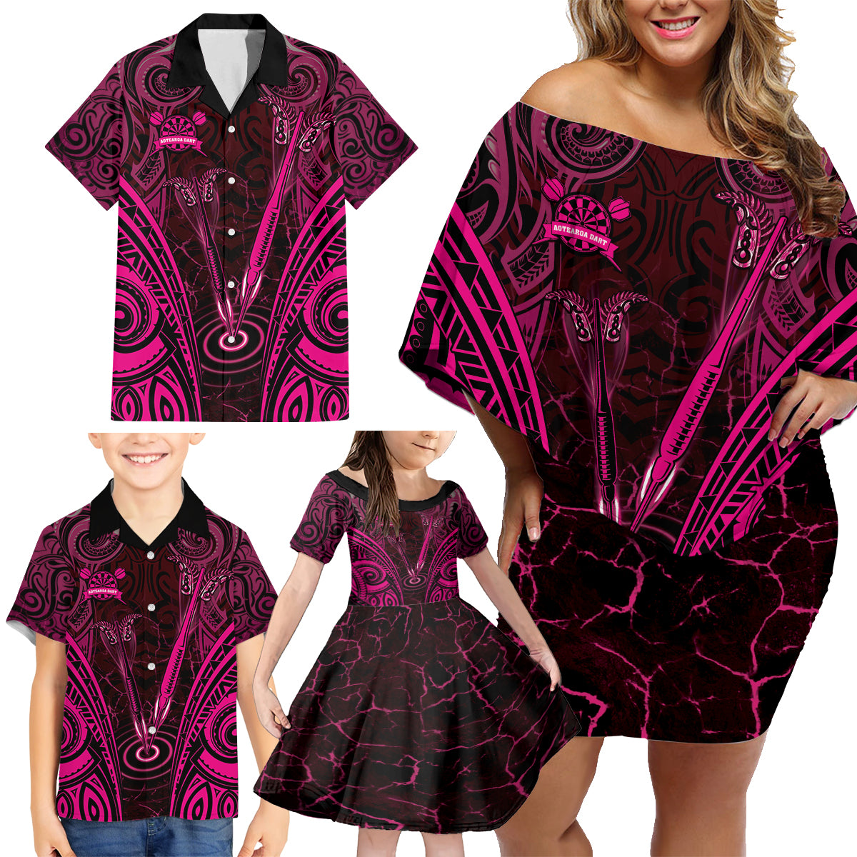 Personalised New Zealand Darts Family Matching Off Shoulder Short Dress and Hawaiian Shirt Pink Dart Board Maori Pattern LT05 - Polynesian Pride
