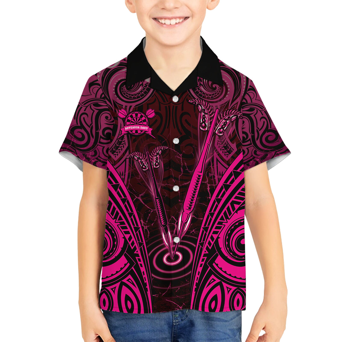 Personalised New Zealand Darts Family Matching Off Shoulder Short Dress and Hawaiian Shirt Pink Dart Board Maori Pattern LT05 Son's Shirt Pink - Polynesian Pride