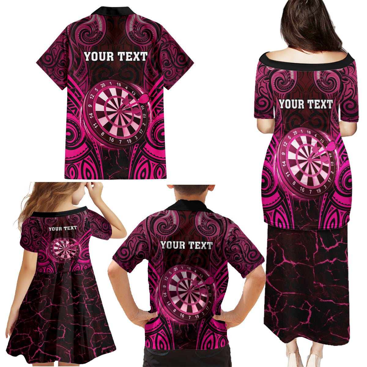 Personalised New Zealand Darts Family Matching Puletasi and Hawaiian Shirt Pink Dart Board Maori Pattern LT05 - Polynesian Pride