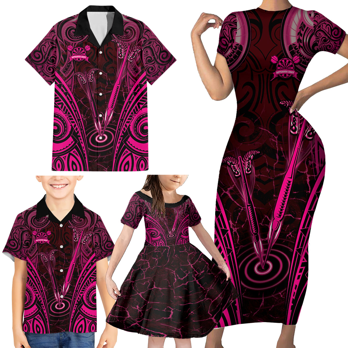 Personalised New Zealand Darts Family Matching Short Sleeve Bodycon Dress and Hawaiian Shirt Pink Dart Board Maori Pattern LT05 - Polynesian Pride