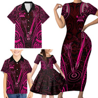 Personalised New Zealand Darts Family Matching Short Sleeve Bodycon Dress and Hawaiian Shirt Pink Dart Board Maori Pattern LT05 - Polynesian Pride