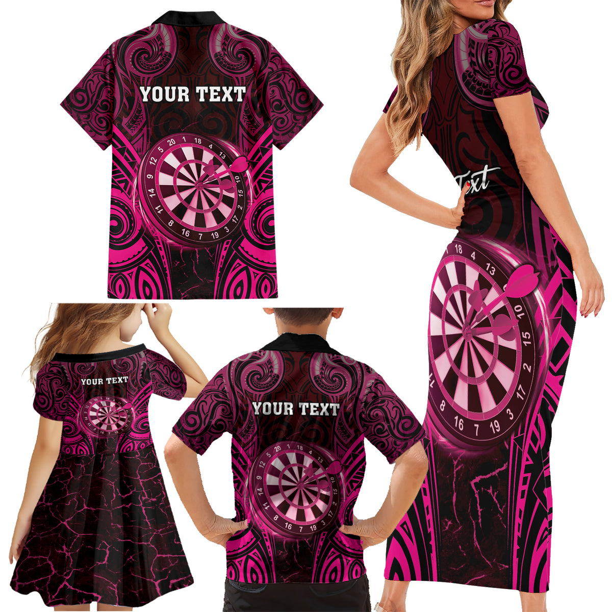 Personalised New Zealand Darts Family Matching Short Sleeve Bodycon Dress and Hawaiian Shirt Pink Dart Board Maori Pattern LT05 - Polynesian Pride