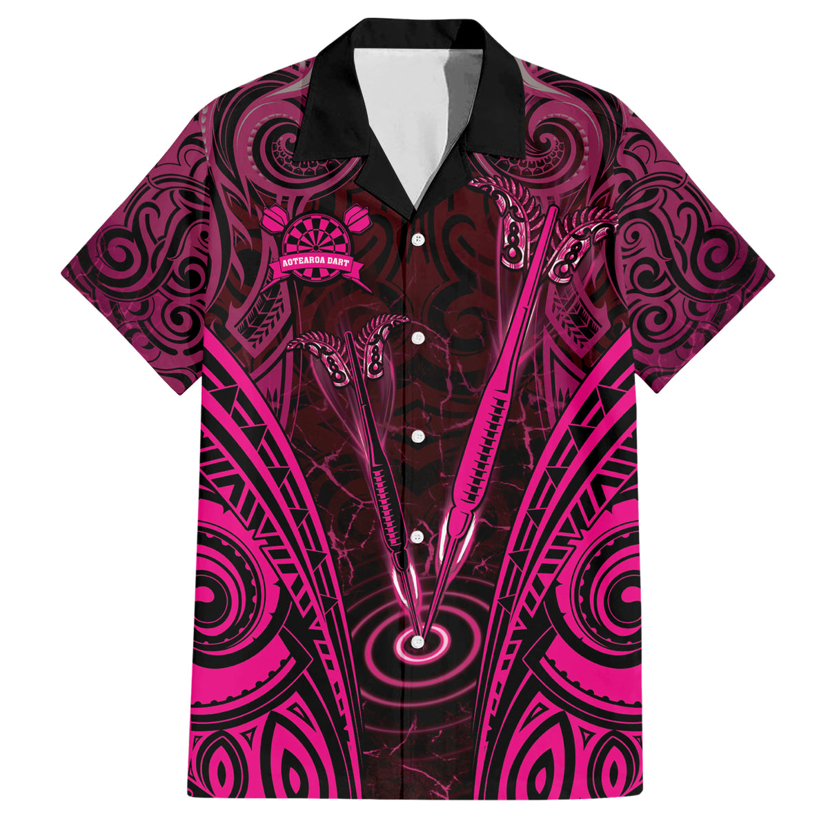 Personalised New Zealand Darts Family Matching Short Sleeve Bodycon Dress and Hawaiian Shirt Pink Dart Board Maori Pattern LT05 Dad's Shirt - Short Sleeve Pink - Polynesian Pride