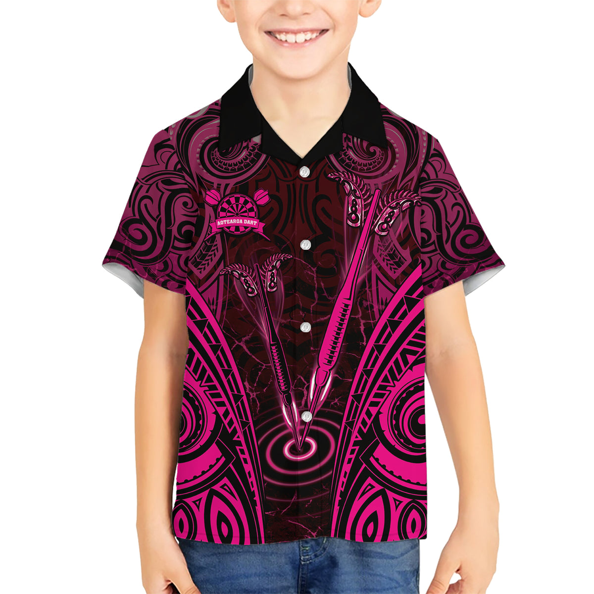 Personalised New Zealand Darts Family Matching Short Sleeve Bodycon Dress and Hawaiian Shirt Pink Dart Board Maori Pattern LT05 Son's Shirt Pink - Polynesian Pride