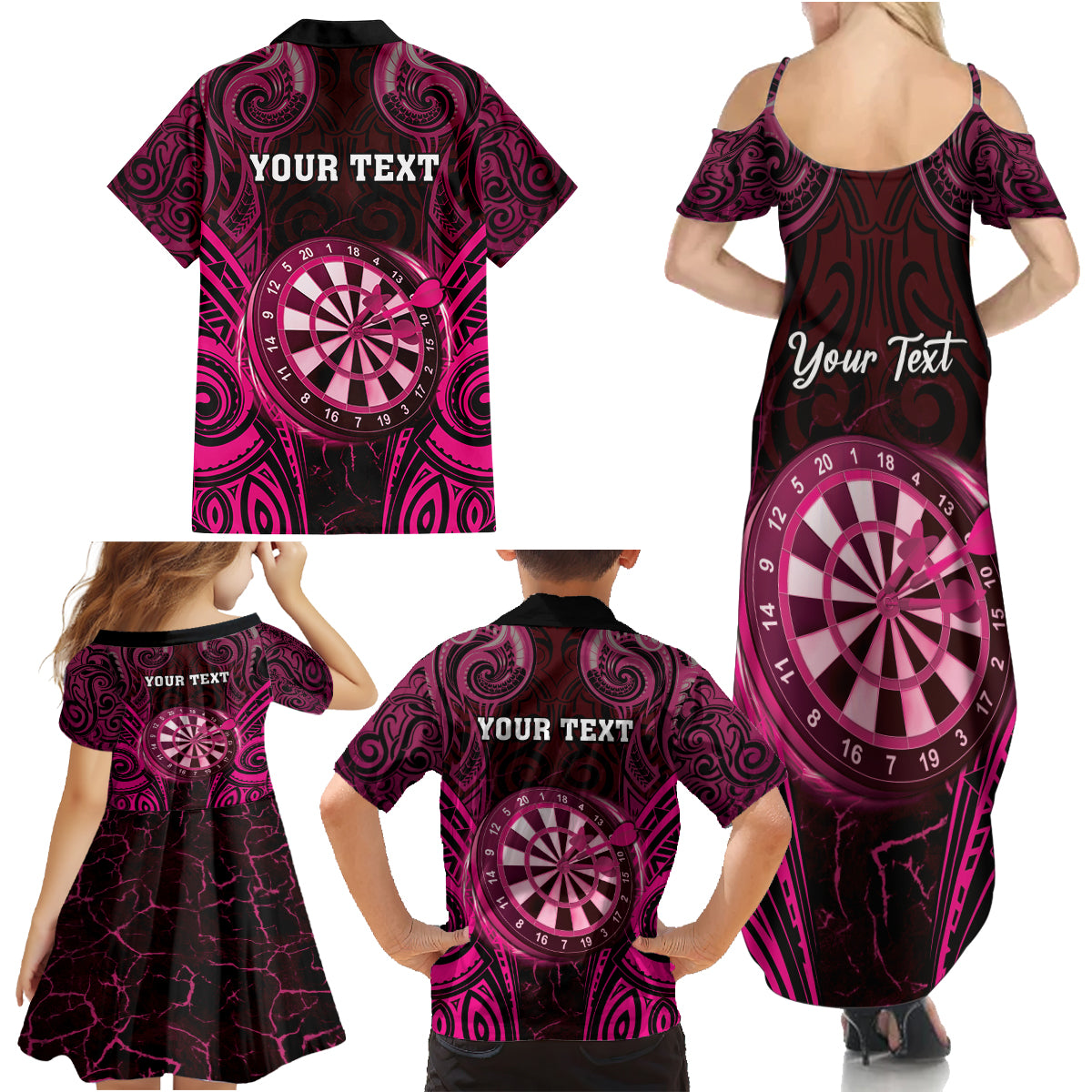 Personalised New Zealand Darts Family Matching Summer Maxi Dress and Hawaiian Shirt Pink Dart Board Maori Pattern LT05 - Polynesian Pride