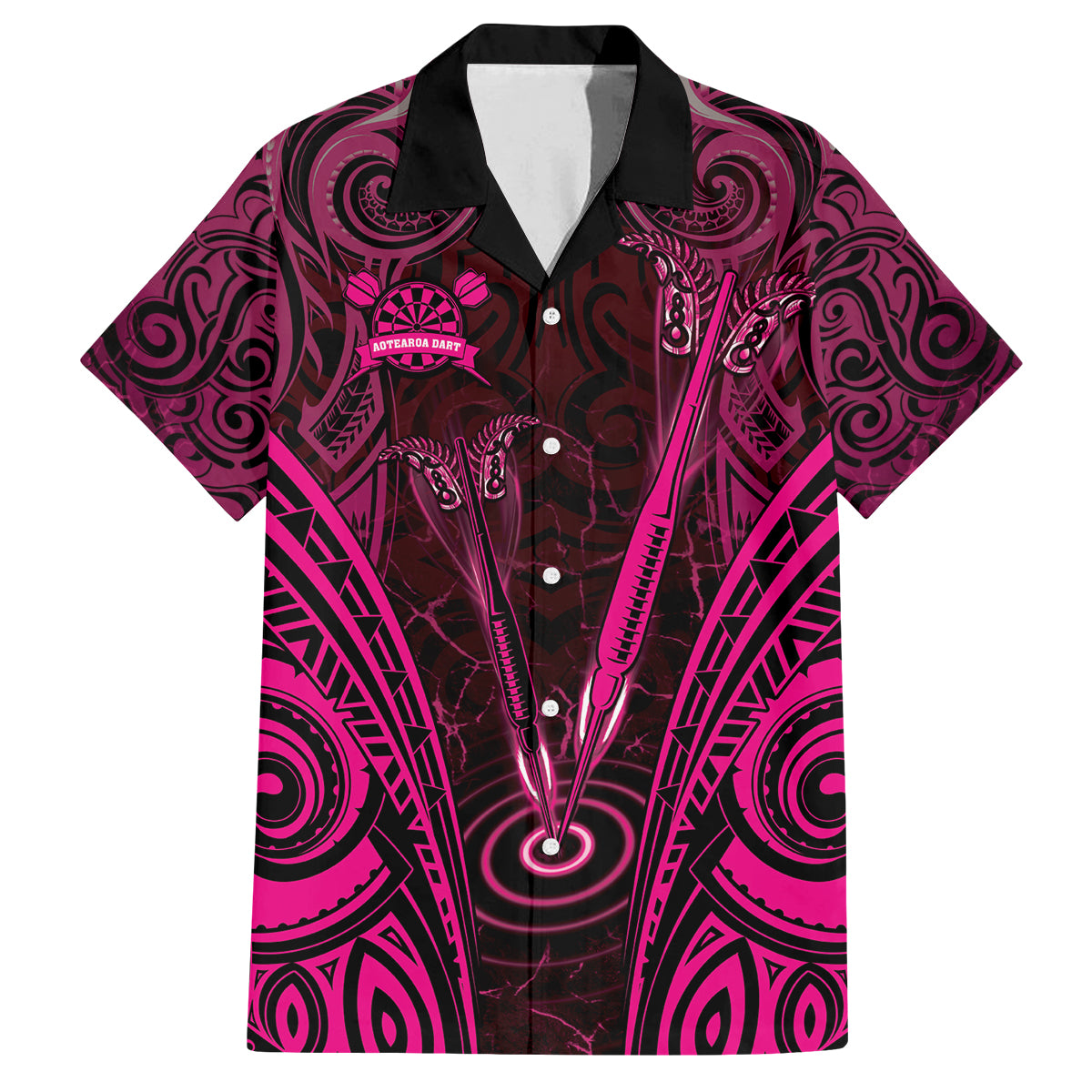 Personalised New Zealand Darts Family Matching Summer Maxi Dress and Hawaiian Shirt Pink Dart Board Maori Pattern LT05 Dad's Shirt - Short Sleeve Pink - Polynesian Pride