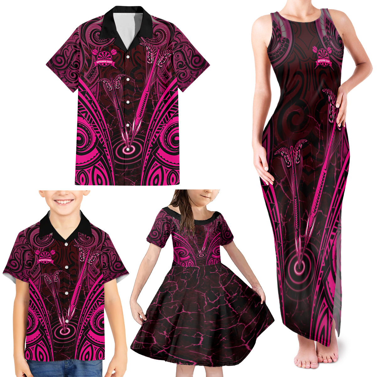 Personalised New Zealand Darts Family Matching Tank Maxi Dress and Hawaiian Shirt Pink Dart Board Maori Pattern LT05 - Polynesian Pride