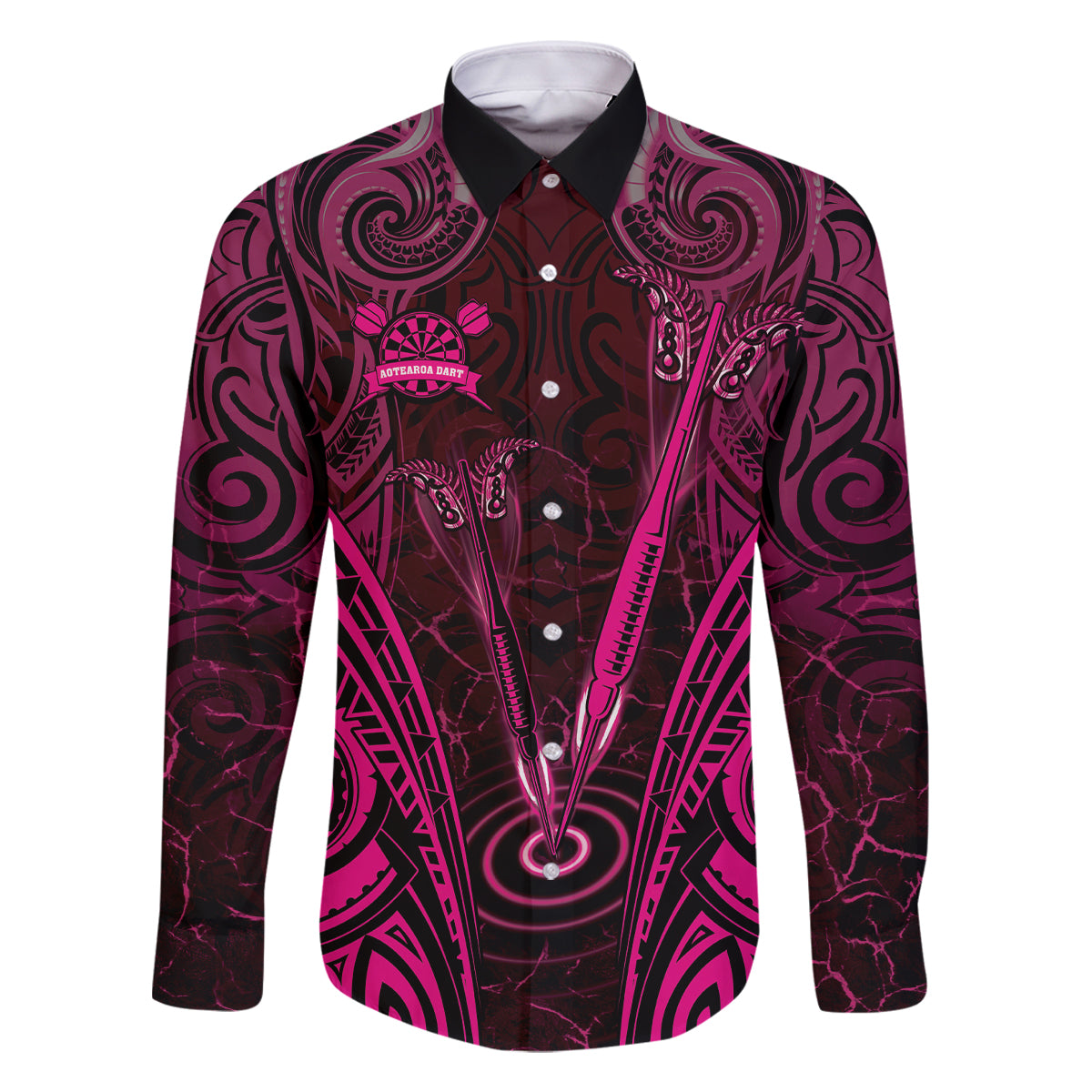 Personalised New Zealand Darts Family Matching Tank Maxi Dress and Hawaiian Shirt Pink Dart Board Maori Pattern LT05 Dad's Shirt - Long Sleeve Pink - Polynesian Pride