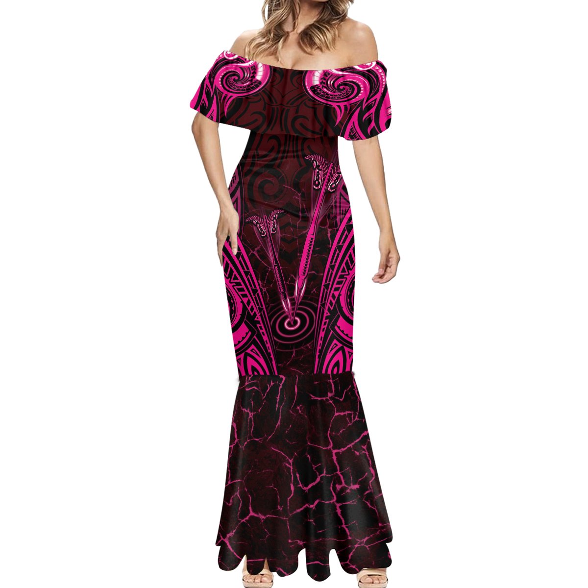 Personalised New Zealand Darts Mermaid Dress Pink Dart Board Maori Pattern