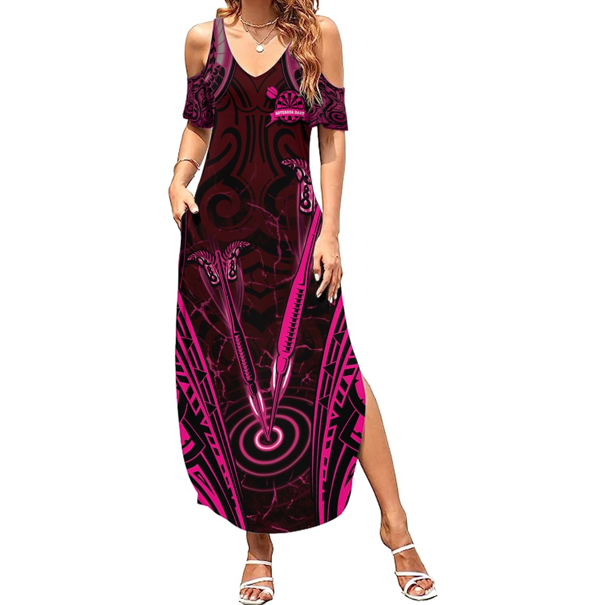 Personalised New Zealand Darts Summer Maxi Dress Pink Dart Board Maori Pattern