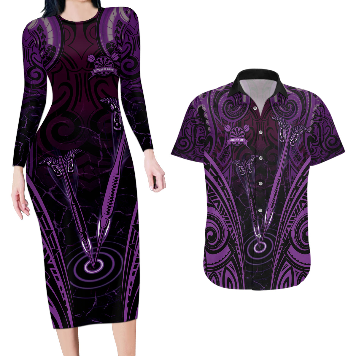 Personalised New Zealand Darts Couples Matching Long Sleeve Bodycon Dress and Hawaiian Shirt Purple Dart Board Maori Pattern LT05 Purple - Polynesian Pride
