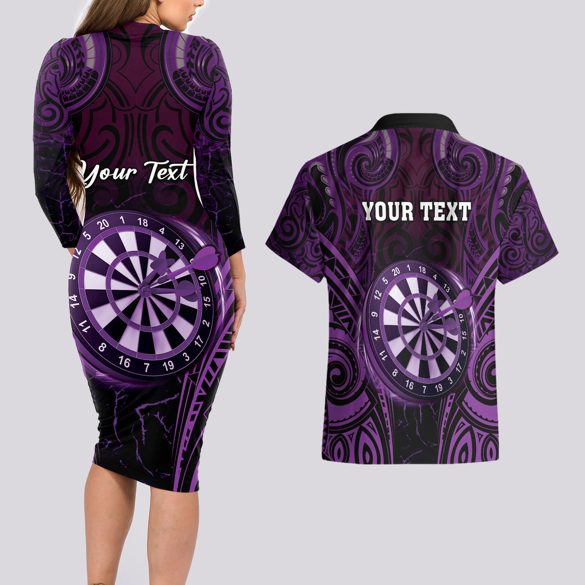 Personalised New Zealand Darts Couples Matching Long Sleeve Bodycon Dress and Hawaiian Shirt Purple Dart Board Maori Pattern LT05 - Polynesian Pride