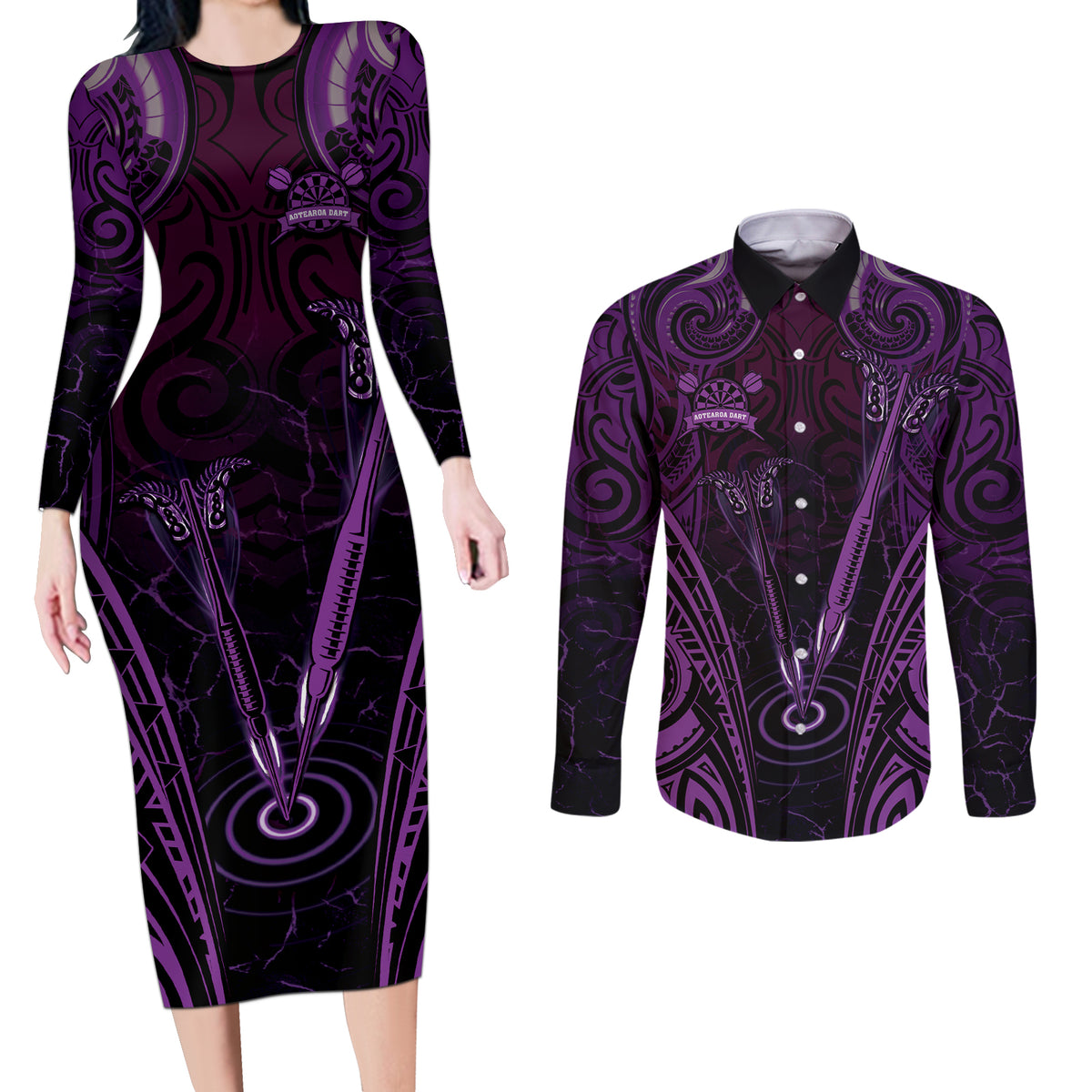 Personalised New Zealand Darts Couples Matching Long Sleeve Bodycon Dress and Long Sleeve Button Shirt Purple Dart Board Maori Pattern LT05 Purple - Polynesian Pride