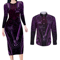 Personalised New Zealand Darts Couples Matching Long Sleeve Bodycon Dress and Long Sleeve Button Shirt Purple Dart Board Maori Pattern LT05 Purple - Polynesian Pride