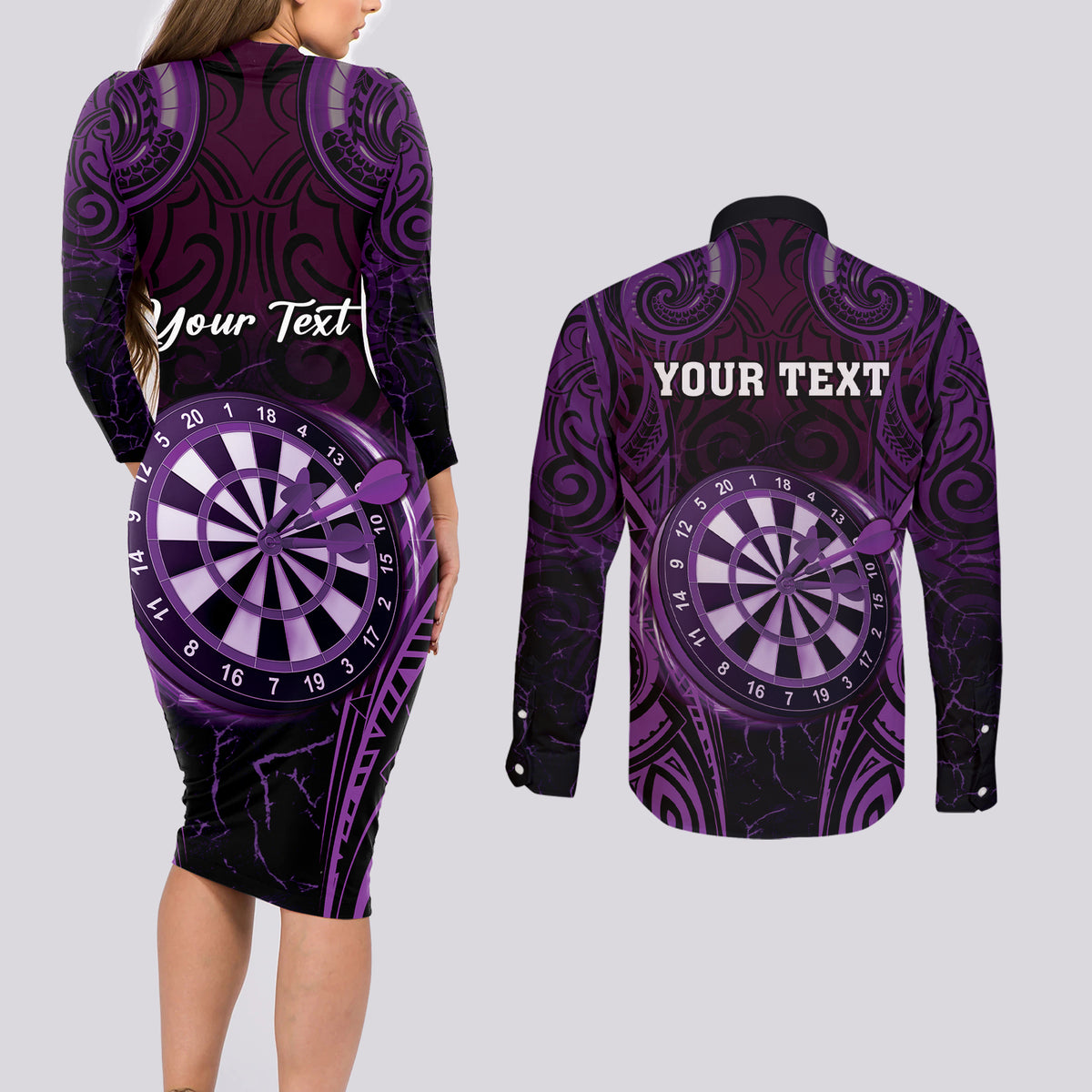 Personalised New Zealand Darts Couples Matching Long Sleeve Bodycon Dress and Long Sleeve Button Shirt Purple Dart Board Maori Pattern LT05 - Polynesian Pride