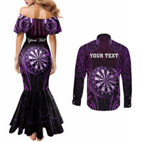 Personalised New Zealand Darts Couples Matching Mermaid Dress and Long Sleeve Button Shirt Purple Dart Board Maori Pattern LT05 - Polynesian Pride