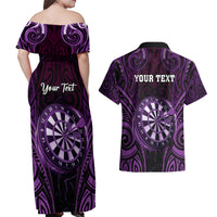 Personalised New Zealand Darts Couples Matching Off Shoulder Maxi Dress and Hawaiian Shirt Purple Dart Board Maori Pattern LT05 - Polynesian Pride