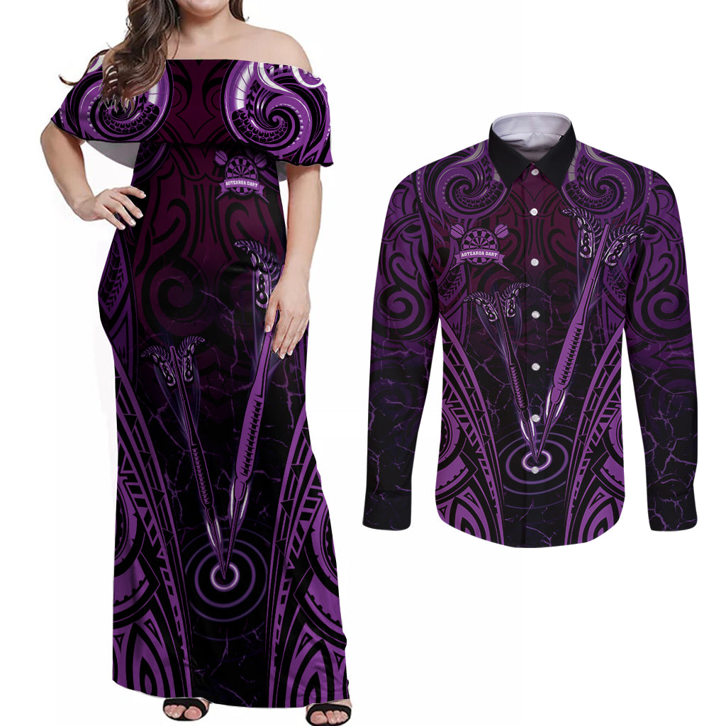 Personalised New Zealand Darts Couples Matching Off Shoulder Maxi Dress and Long Sleeve Button Shirt Purple Dart Board Maori Pattern LT05 Purple - Polynesian Pride