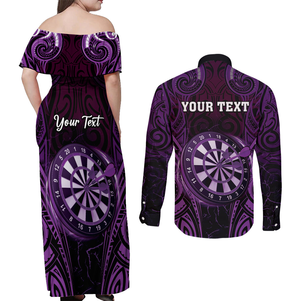 Personalised New Zealand Darts Couples Matching Off Shoulder Maxi Dress and Long Sleeve Button Shirt Purple Dart Board Maori Pattern LT05 - Polynesian Pride