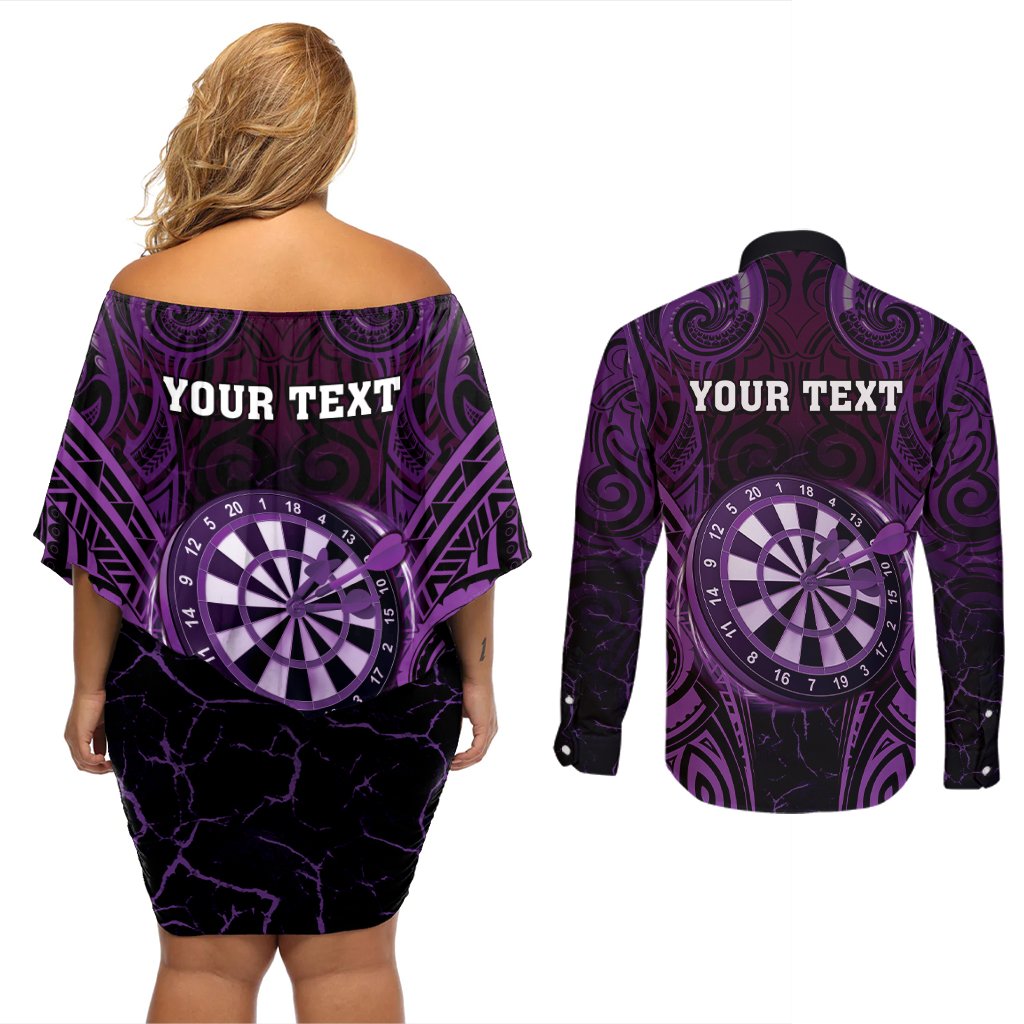 Personalised New Zealand Darts Couples Matching Off Shoulder Short Dress and Long Sleeve Button Shirt Purple Dart Board Maori Pattern LT05 - Polynesian Pride