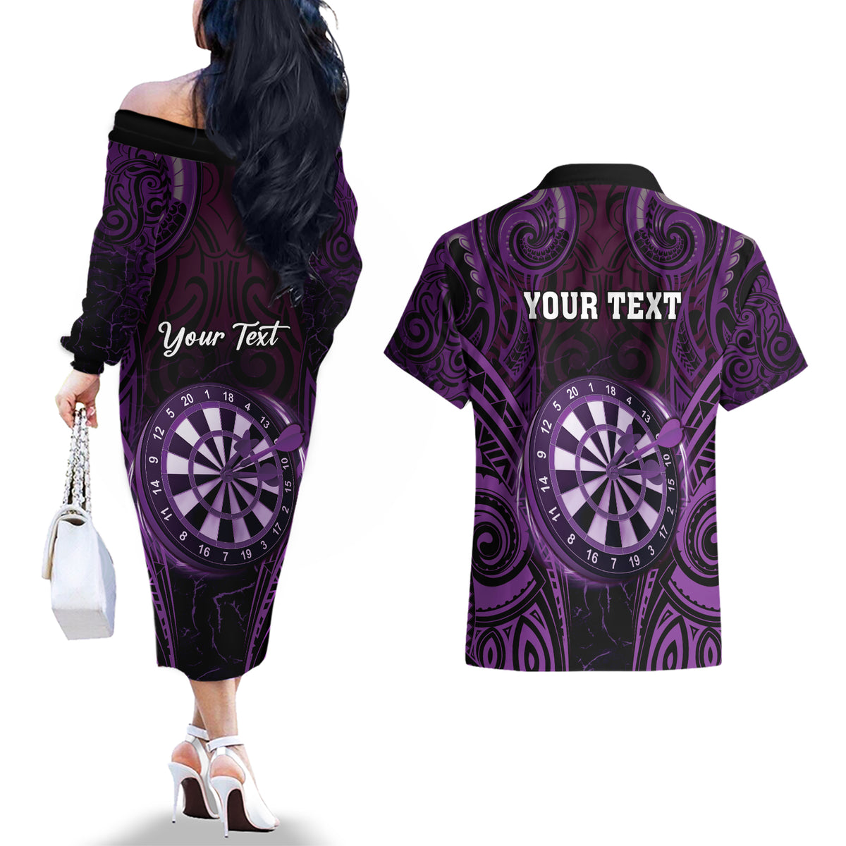 Personalised New Zealand Darts Couples Matching Off The Shoulder Long Sleeve Dress and Hawaiian Shirt Purple Dart Board Maori Pattern LT05 - Polynesian Pride