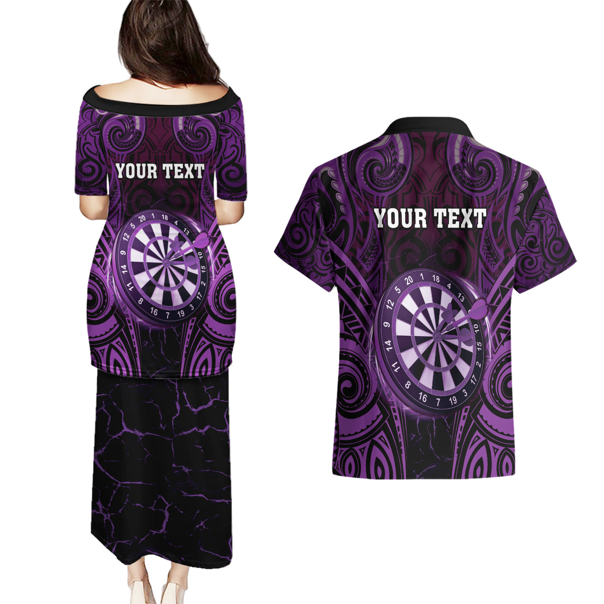 Personalised New Zealand Darts Couples Matching Puletasi and Hawaiian Shirt Purple Dart Board Maori Pattern LT05 - Polynesian Pride