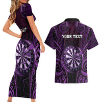 Personalised New Zealand Darts Couples Matching Short Sleeve Bodycon Dress and Hawaiian Shirt Purple Dart Board Maori Pattern LT05 - Polynesian Pride