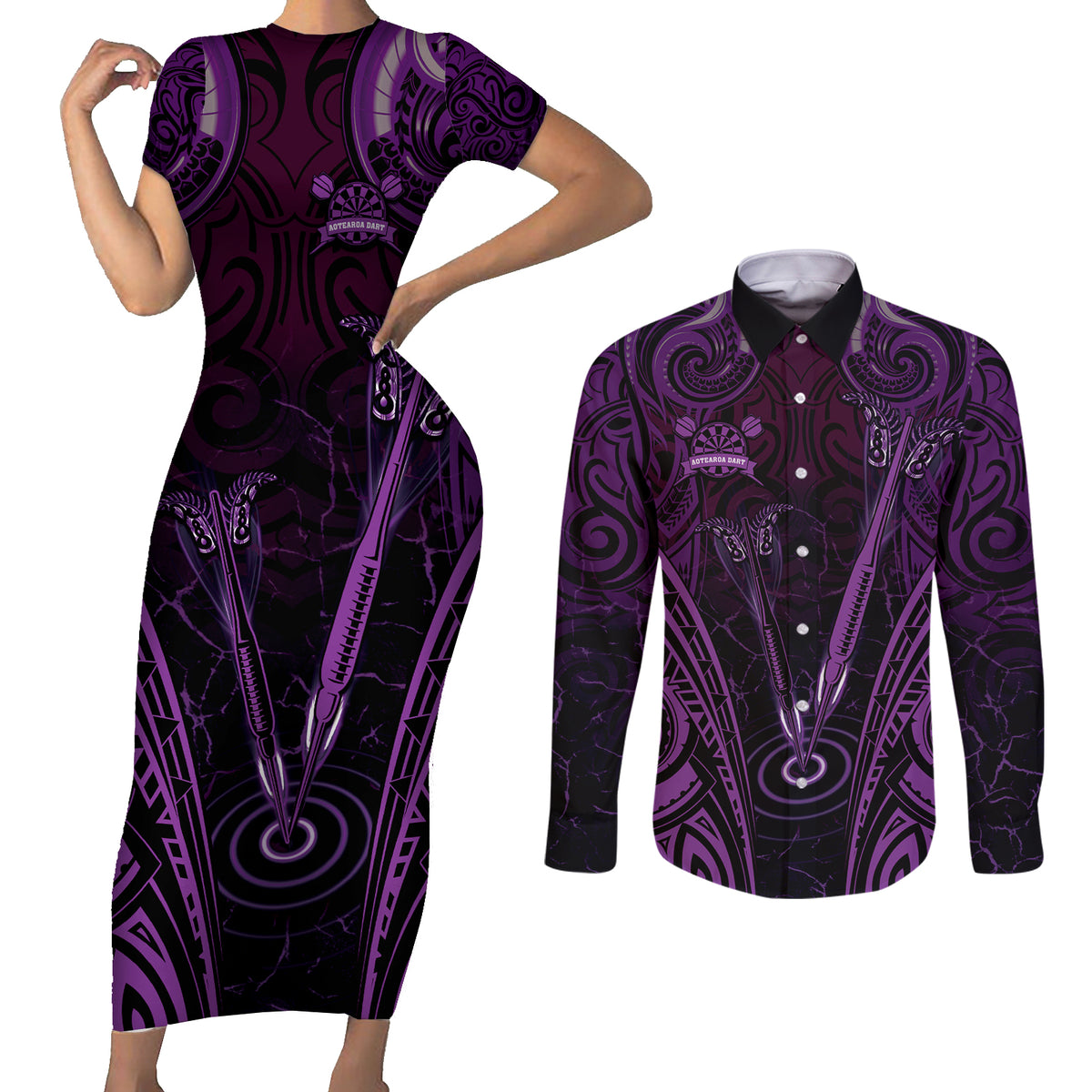 Personalised New Zealand Darts Couples Matching Short Sleeve Bodycon Dress and Long Sleeve Button Shirt Purple Dart Board Maori Pattern LT05 Purple - Polynesian Pride