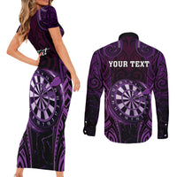 Personalised New Zealand Darts Couples Matching Short Sleeve Bodycon Dress and Long Sleeve Button Shirt Purple Dart Board Maori Pattern LT05 - Polynesian Pride