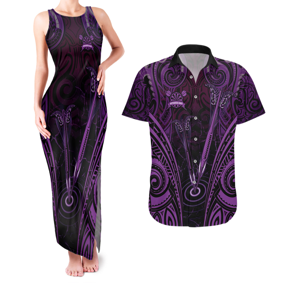 Personalised New Zealand Darts Couples Matching Tank Maxi Dress and Hawaiian Shirt Purple Dart Board Maori Pattern LT05 Purple - Polynesian Pride