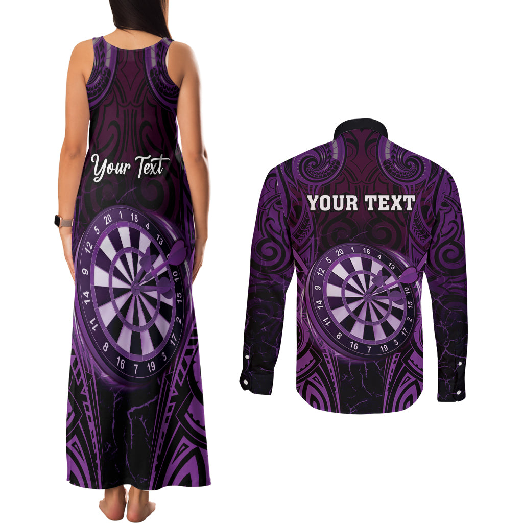 Personalised New Zealand Darts Couples Matching Tank Maxi Dress and Long Sleeve Button Shirt Purple Dart Board Maori Pattern LT05 - Polynesian Pride