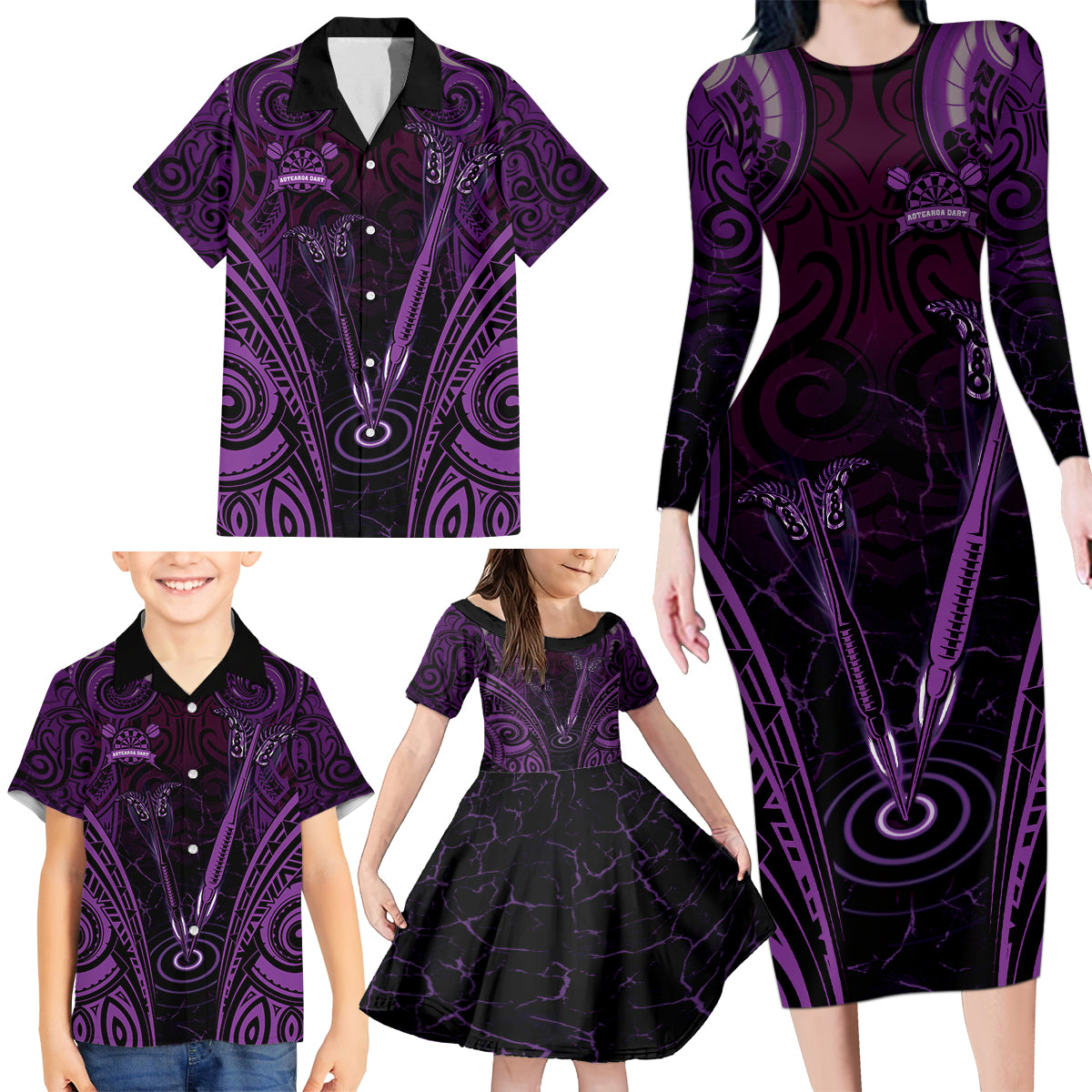 Personalised New Zealand Darts Family Matching Long Sleeve Bodycon Dress and Hawaiian Shirt Purple Dart Board Maori Pattern LT05 - Polynesian Pride