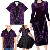 Personalised New Zealand Darts Family Matching Long Sleeve Bodycon Dress and Hawaiian Shirt Purple Dart Board Maori Pattern LT05 - Polynesian Pride