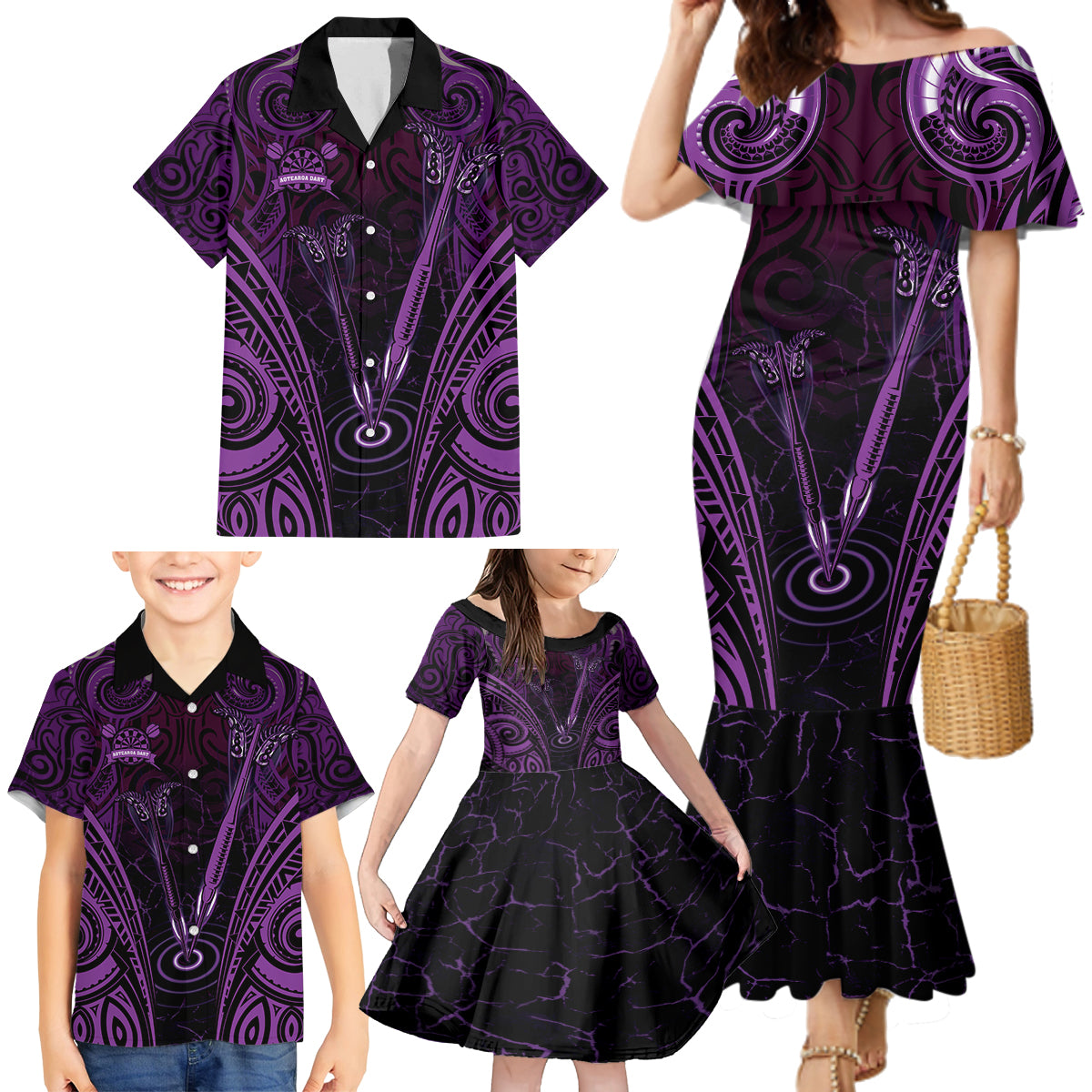 Personalised New Zealand Darts Family Matching Mermaid Dress and Hawaiian Shirt Purple Dart Board Maori Pattern LT05 - Polynesian Pride