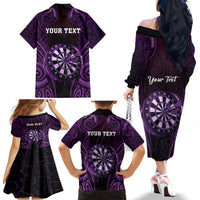 Personalised New Zealand Darts Family Matching Off The Shoulder Long Sleeve Dress and Hawaiian Shirt Purple Dart Board Maori Pattern LT05 - Polynesian Pride