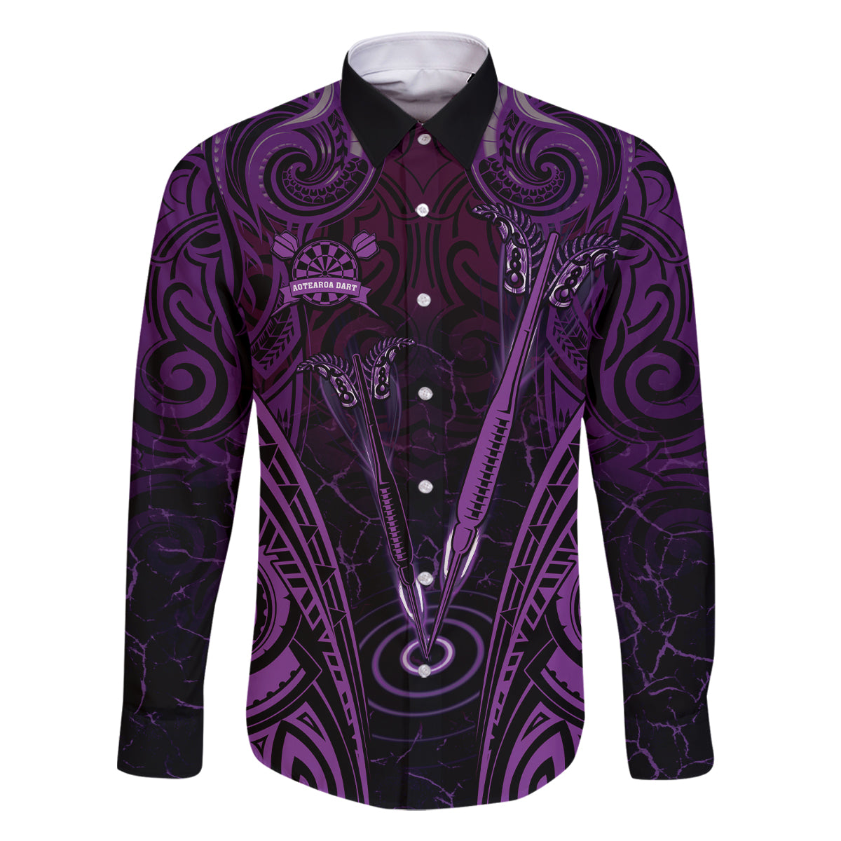 Personalised New Zealand Darts Family Matching Off Shoulder Maxi Dress and Hawaiian Shirt Purple Dart Board Maori Pattern LT05 Dad's Shirt - Long Sleeve Purple - Polynesian Pride