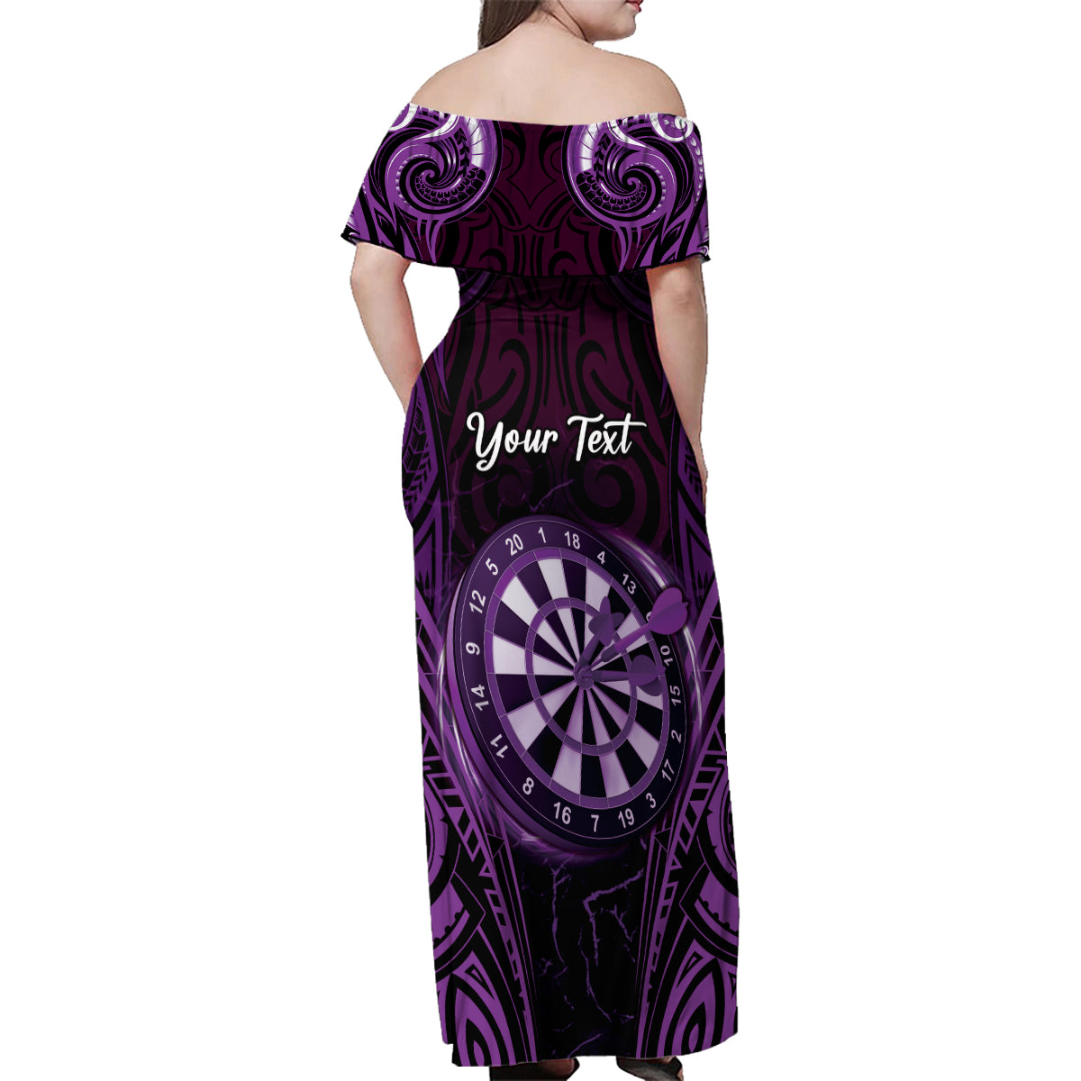 Personalised New Zealand Darts Family Matching Off Shoulder Maxi Dress and Hawaiian Shirt Purple Dart Board Maori Pattern LT05 - Polynesian Pride