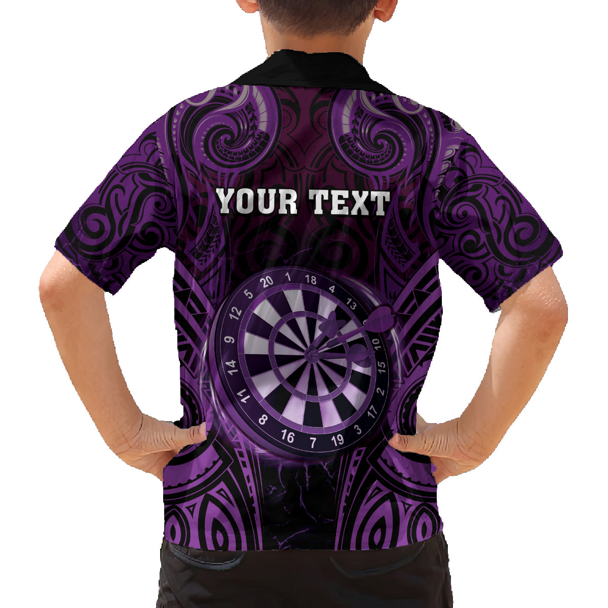 Personalised New Zealand Darts Family Matching Off Shoulder Short Dress and Hawaiian Shirt Purple Dart Board Maori Pattern LT05 - Polynesian Pride
